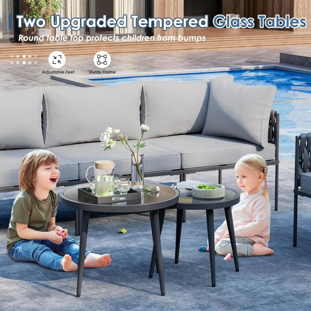 Patio Furniture Set, Patio Conversation Set with Handwoven Rope and Deep Seating, Outdoor Furniture 5-Seat Sofa with Two Round