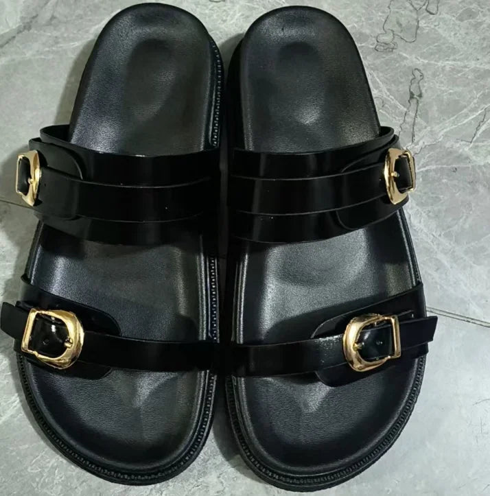 Woman Black Flat Slingback Shoes Female Summer Straps Round Toe Shoes 2025 Women's Sandals Metal Buckle Flat Sandals