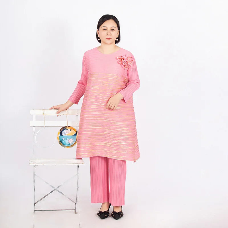 Woman Clothing 2 Pieces Set Elegant Pants And Blouse Suits Plus Size Women's Pleated Pantsuit Luxury Party Formal Female Fashion