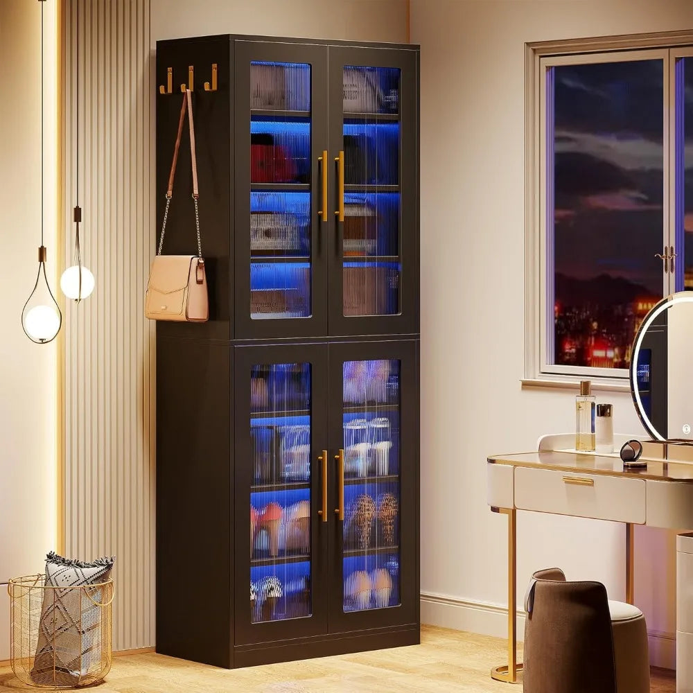 Black Shoe Storage Cabinet with Acrylic Doors and LED Lights, 8-Tier Tall Entryway Shoe Organizer Rack with Adjustable Shelves