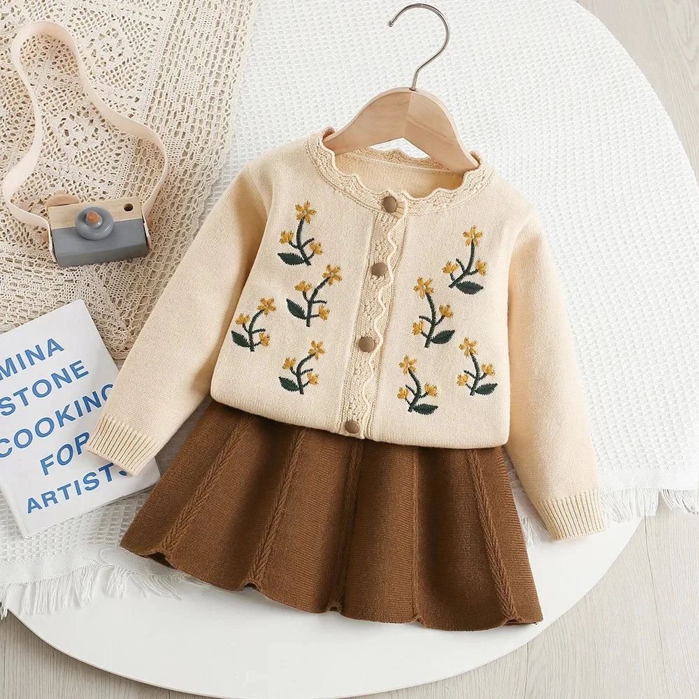 Baby Girl Clothes Girls Knitted Sweater Set Embroidered Flower Design Two-Piece Jacket And Pants Spring Autumn Korean Style