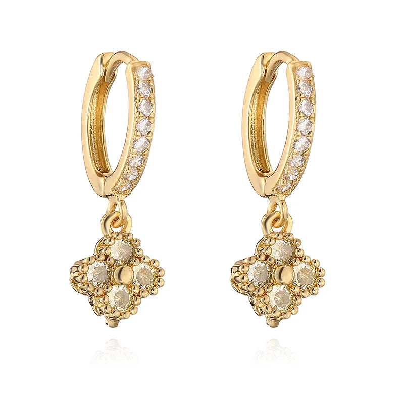 HECHENG Brass 18K Golden-Plated Crystal Zirconia Flower Dangle Earrings Perforated Ladies Jewellery 1 Pair