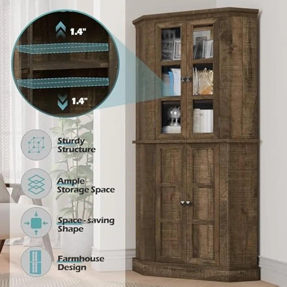 Corner Storage Cabinet, 67" Kitchen Corner Cabinet with Glass Doors, Farmhouse Tall Corner Display Cabinet with Adjustable Shelv