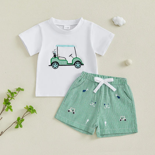 Lioraitiin Kids Boys Shorts Set Short Sleeve Embroidery Golf Cart T-shirt with Striped Shorts Toddler Set Summer Outfit