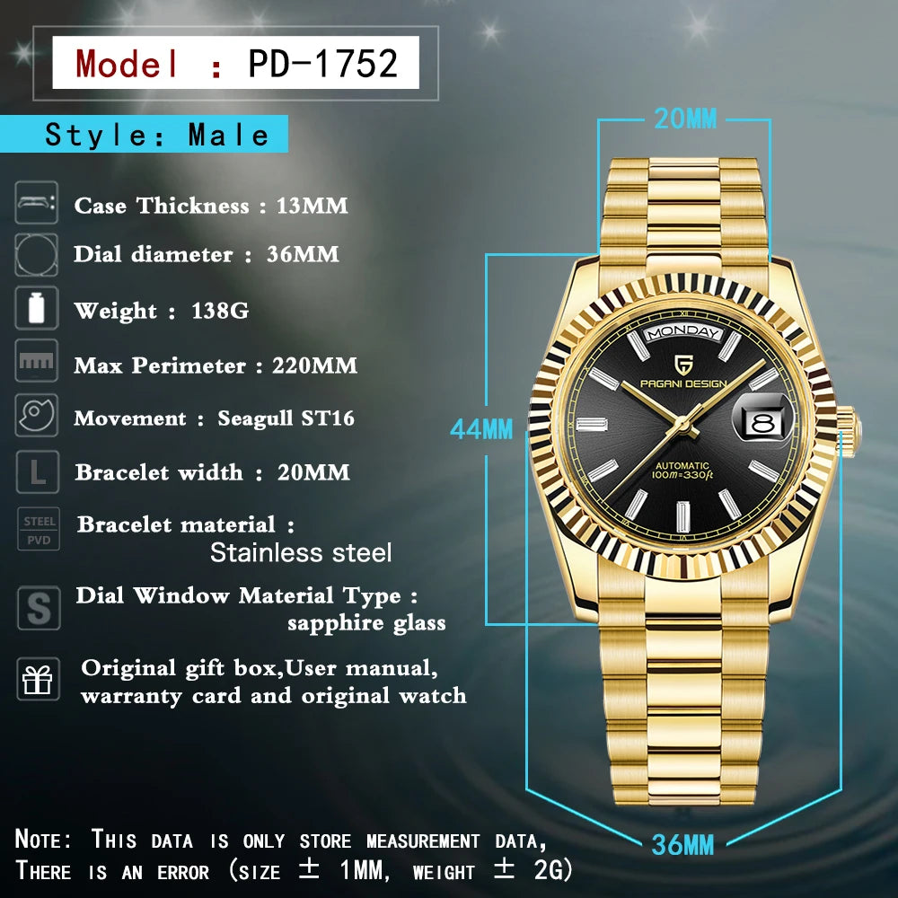 PAGANI DESIGN DD36 Gold Black Luxury Men's Mechanical Watches Automatic Watch For Men 2025 New AR Sapphire glass Wrist watch