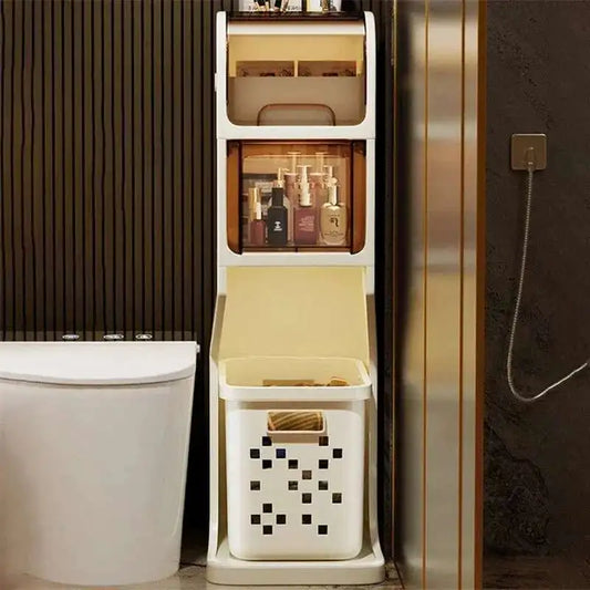 Bathroom Gap Storage Cabinet Toilet Movable Storage Rack with Drawer Bathroom cabinet Floor Shelve with Dirty Clothes Basket Z