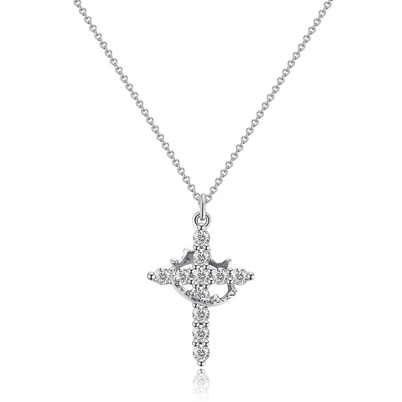 Rotatable Crown Rhinestone Cross Choker Necklace Earrings Rings for Women Minimalist Cross Chain Christian Jewelry Prayer Gift