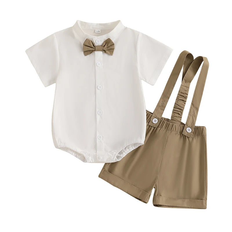 2024-12-04 Lioraitiin Summer Toddler Boys Clothes Set Gentleman Outfit Solid Color Short Sleeve Romper with Suspender Shorts Set