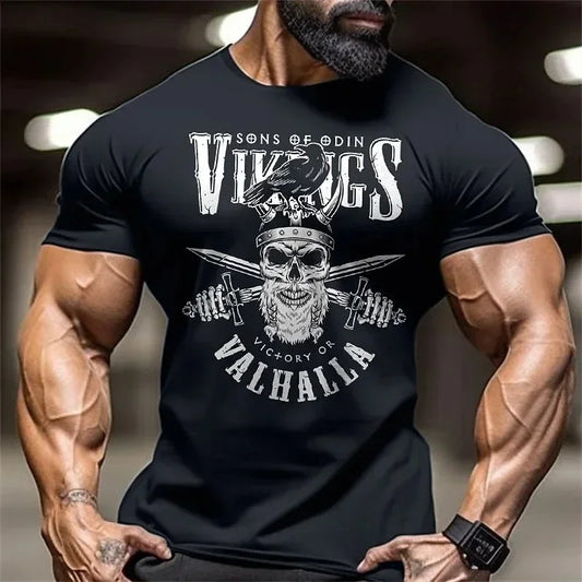 Fitness muscle wear Skeleton fashion printed T-shirt Men's casual loose street top crewneck pullover cotton summer wear