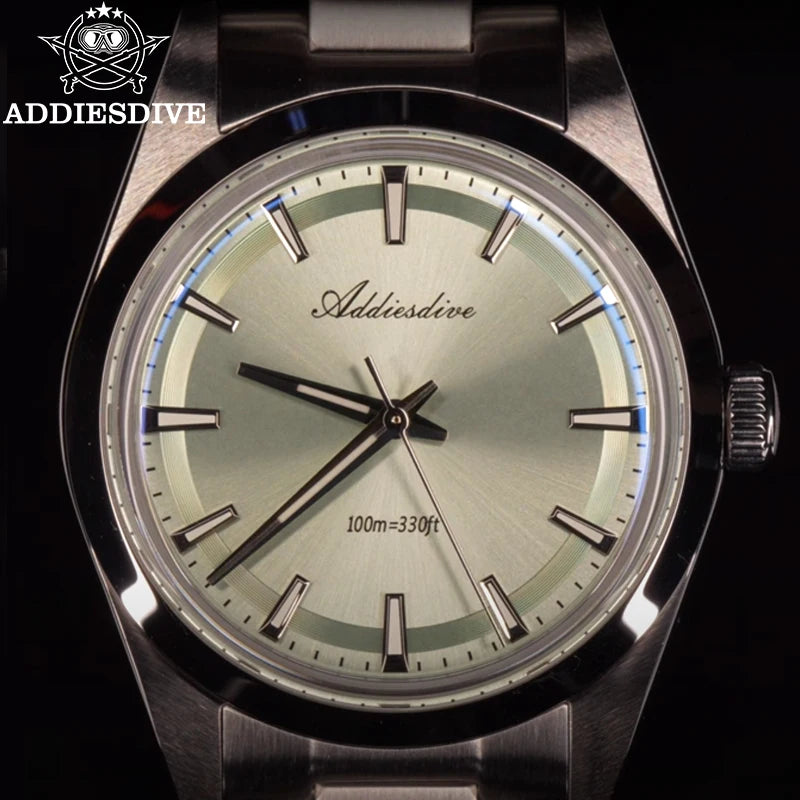 ADDIESDIVE Quartz Watch For Men 36mm Dome Glass BGW9 Luminous Diving 100m Waterproof Stainless Steel VH31 Wristwatch New AD2066