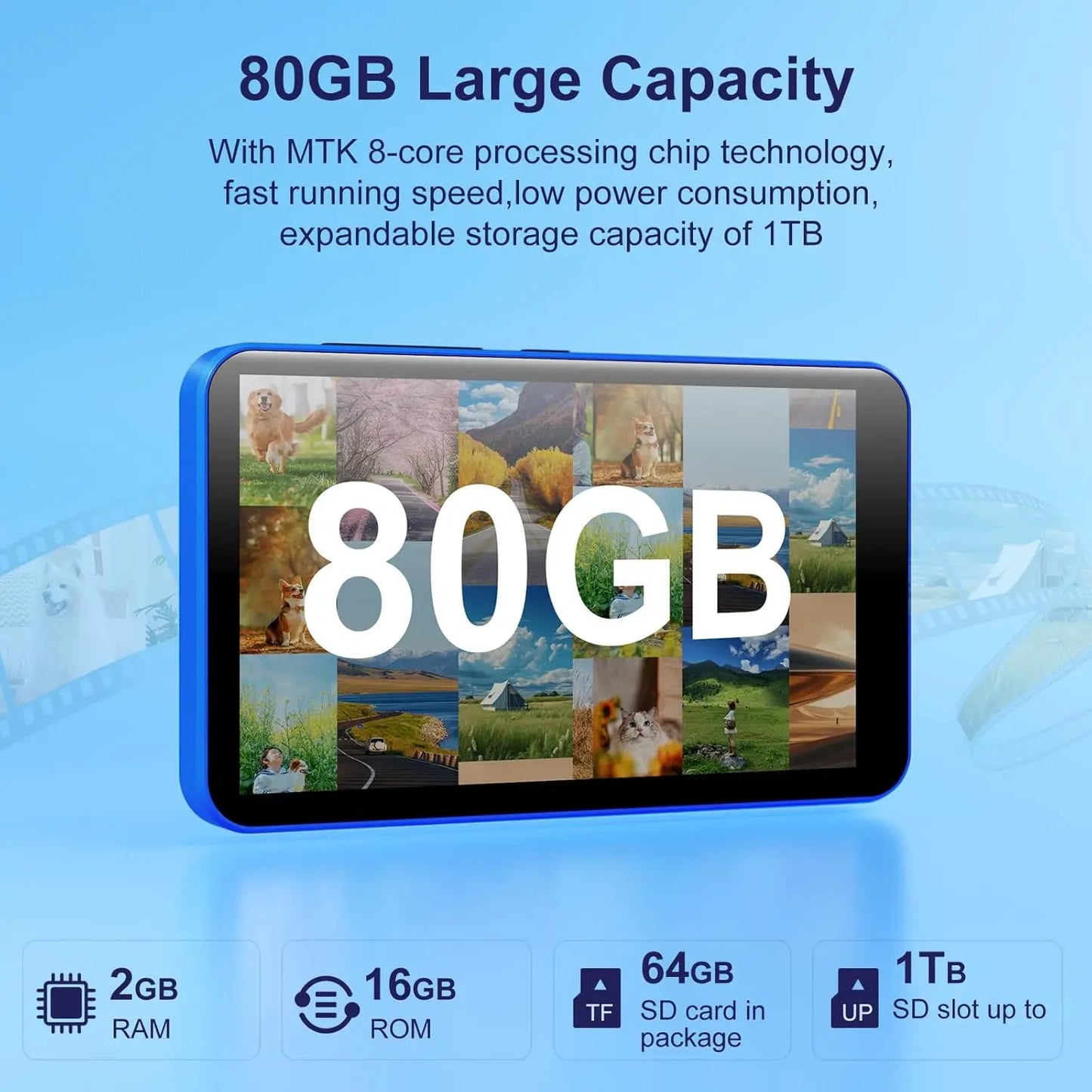 80GB(16GB+64GB) MP3 Player with Bluetooth and WiFi, Android MP3 & MP4 Players with 4" Touchscreen and Speaker,  Spotify