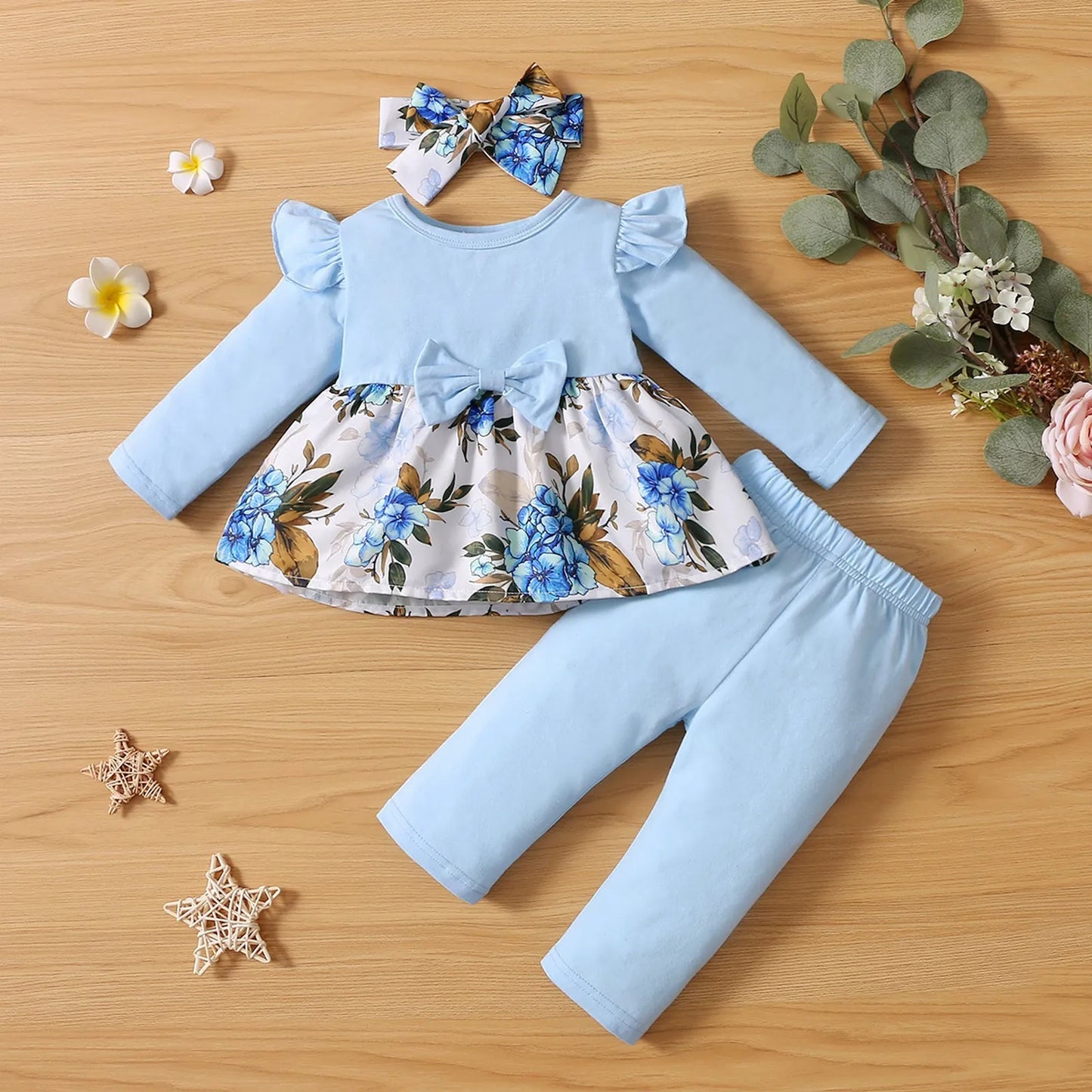 Infant Baby Girls' Clothing Long Sleeve Tops+Pants+Headwear Sets Flower Print Fashion Baby's Set Baby Clothes 3 6 12 24 Months