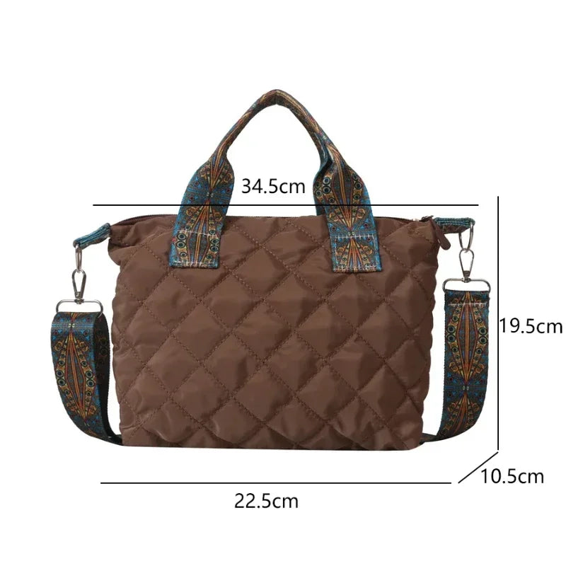 Women Wide Shoulder Belt Handbag Large Capacity All-Match Shopping Tote Bag Fall/Winter Rhombus Space Cotton Shoulder Bag