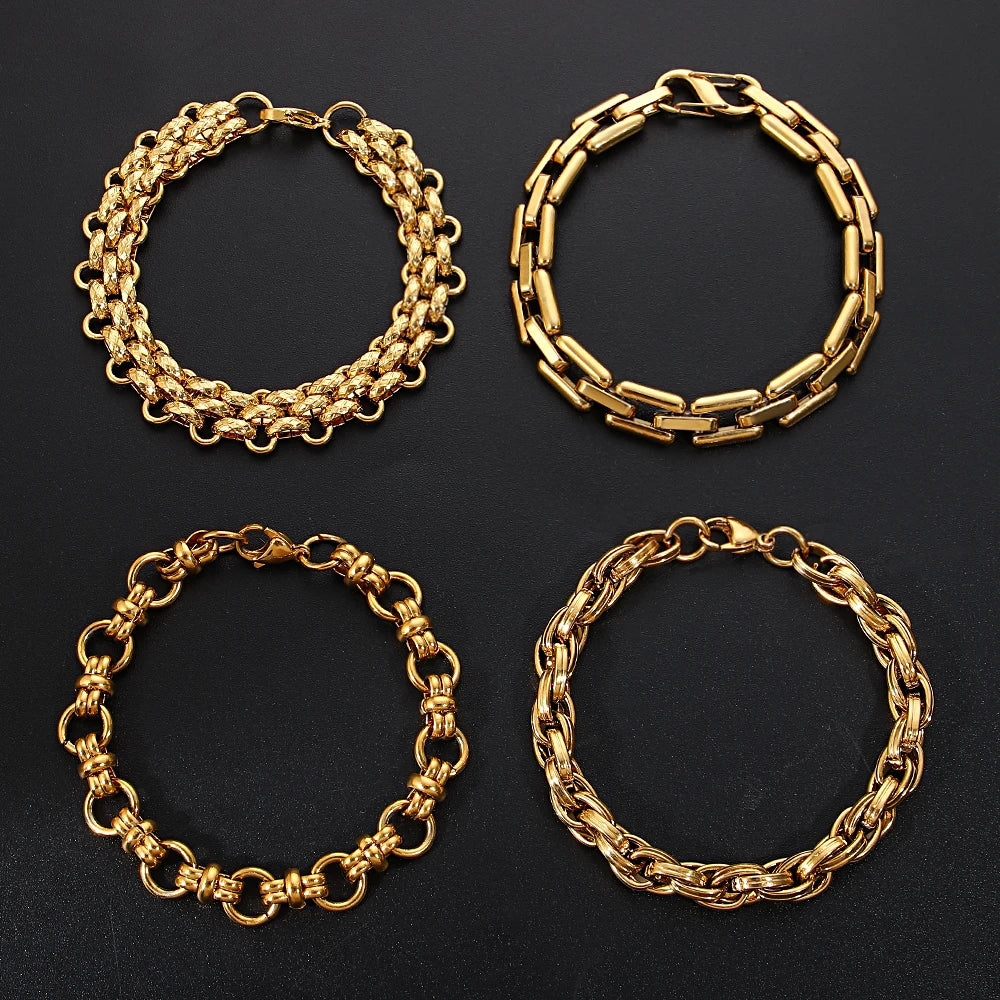 Multiple Punk Chunky Gold Plated Thick Chain Stainless Steel Bracelet for Women Twist Irregular Geometric Cuban Chain Bracelets