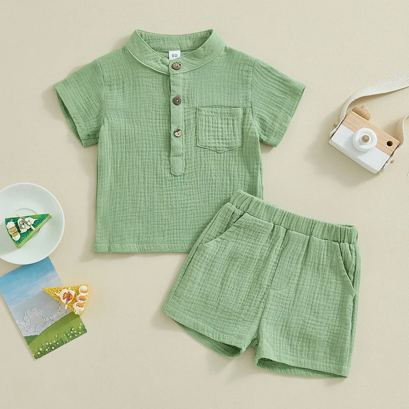 Lioraitiin Toddler Baby Boy Clothes Solid Color Cotton Gauze Button Up Short Sleeve Henley Shirts and Shorts Set Summer Outfits