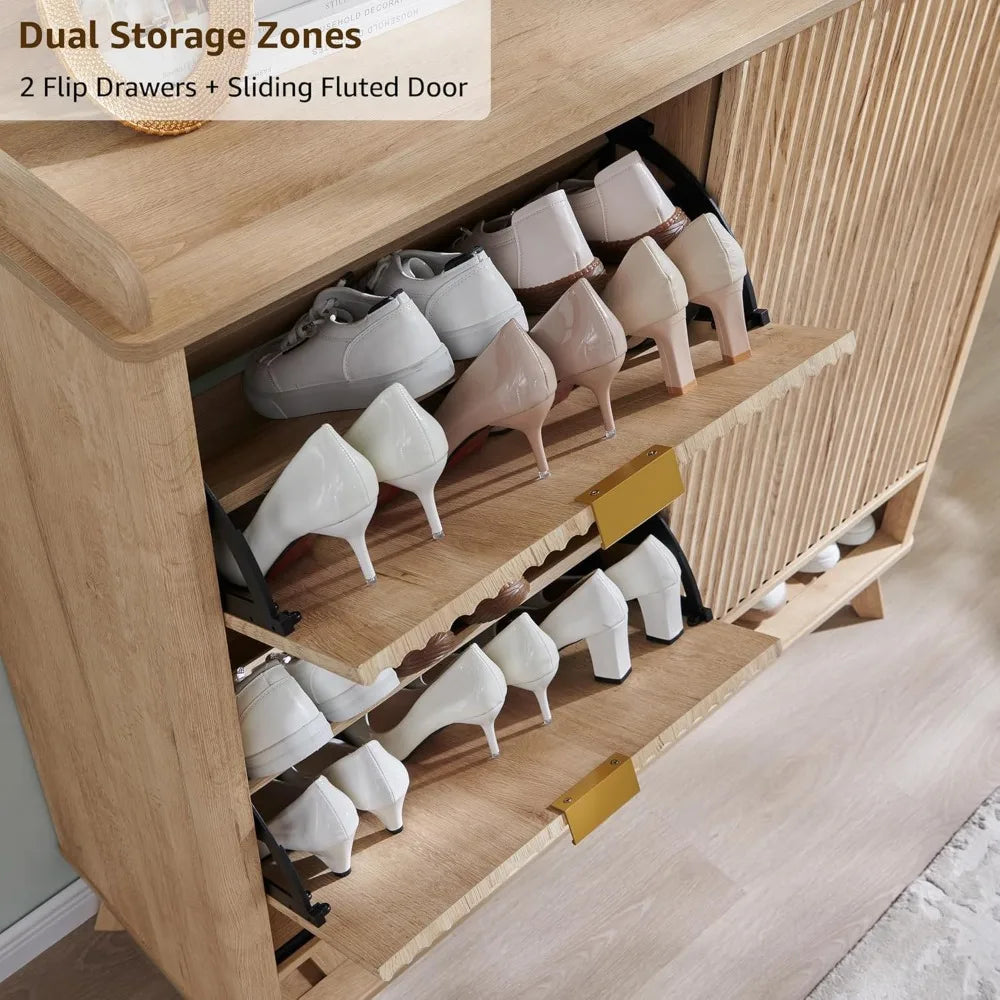 Fluted Shoe Storage Cabinet with 2 Flip Drawers & Sliding Door, 4-Tier Adjustable Shelves, 47" Wide Large Shoe Organizer, Woode