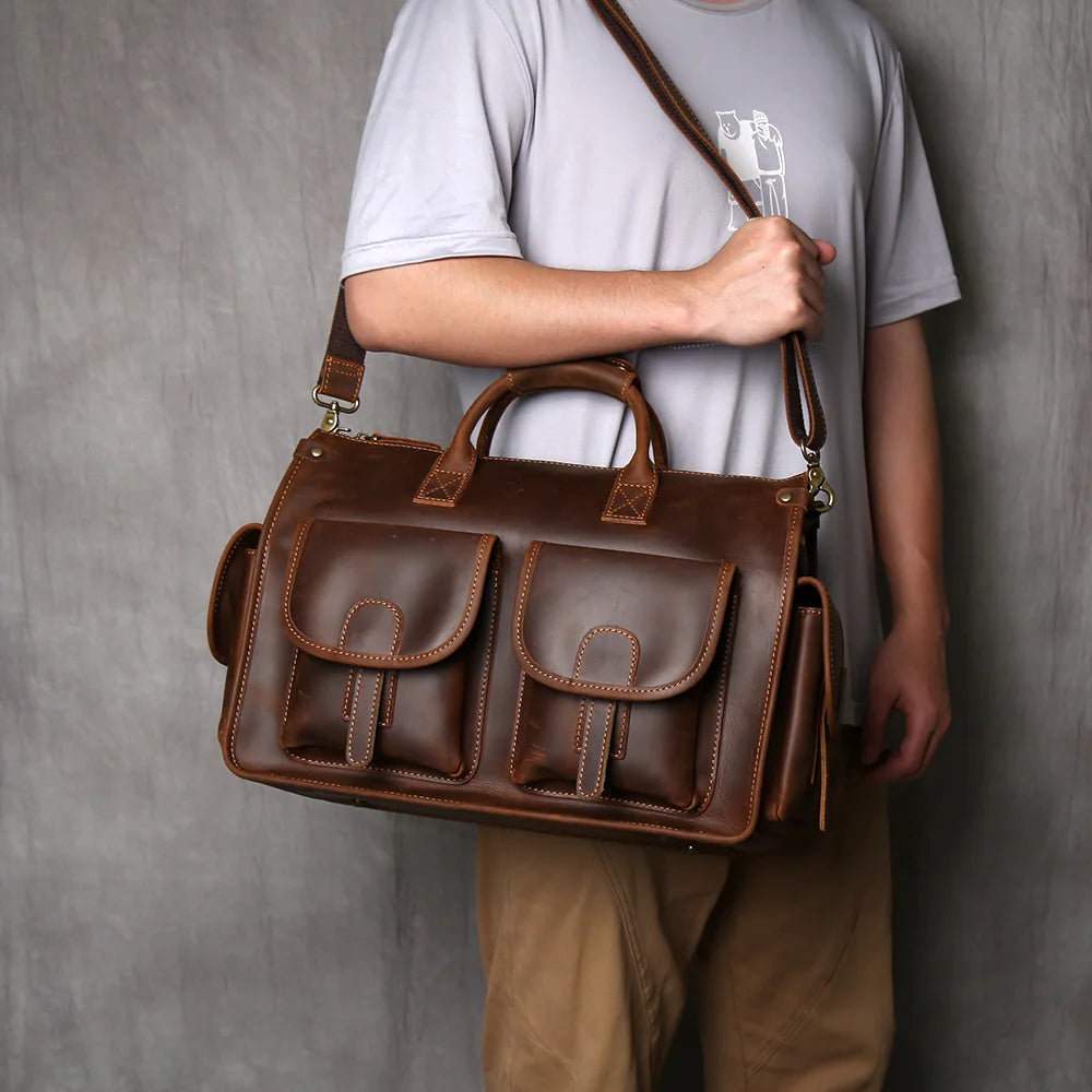 NZPJ Retro Genuine Leather Men's Briefcase Top Layer Cowhide Handbag  Crazy Horse Leather   Crossbody Bag For 16 Inch Laptops