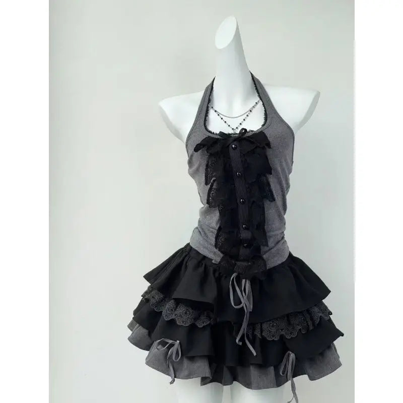 Women's Clothing Japanese 3 Piece Sets Patchwork Lace Tshirts Crop Vest Bow Sweet Skirt Outfits Roupas Femme Chic Summer Suit