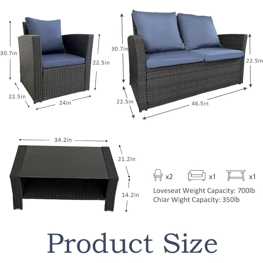 Patio Furniture Set, All-Weather Wicker Sectional Conversation Set with Tempered Glass Table & Cushioned Sofa,Outdoor Sofa