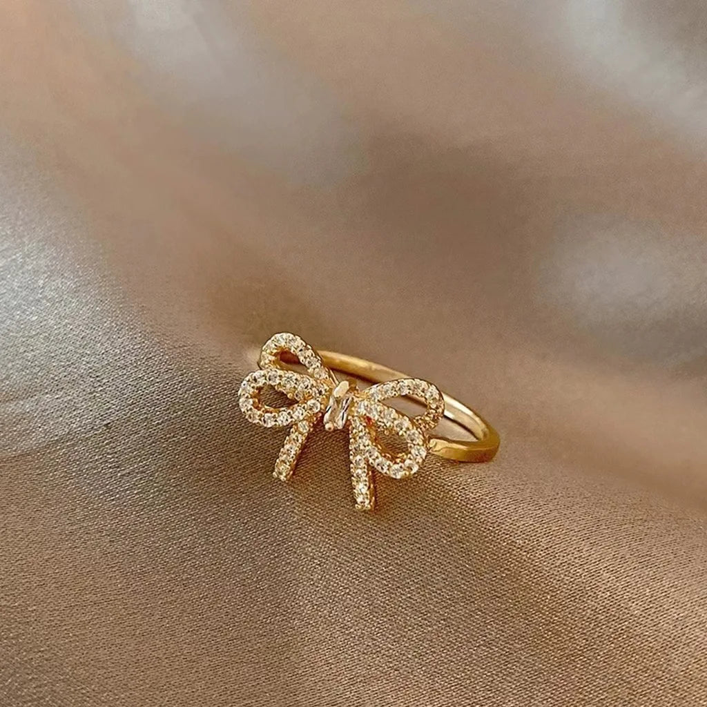 Minimalist Bowknot Opening Rings For Women Gold Silver Color Crystal Zirconia Bow Knot Finger Rings Female Wedding Jewelry