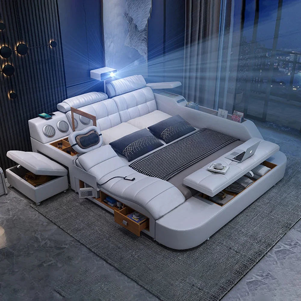 Customizable  Tech Smart Genuine Leather Bed | Multifunctional Ultimate Beds | Massage Tatami