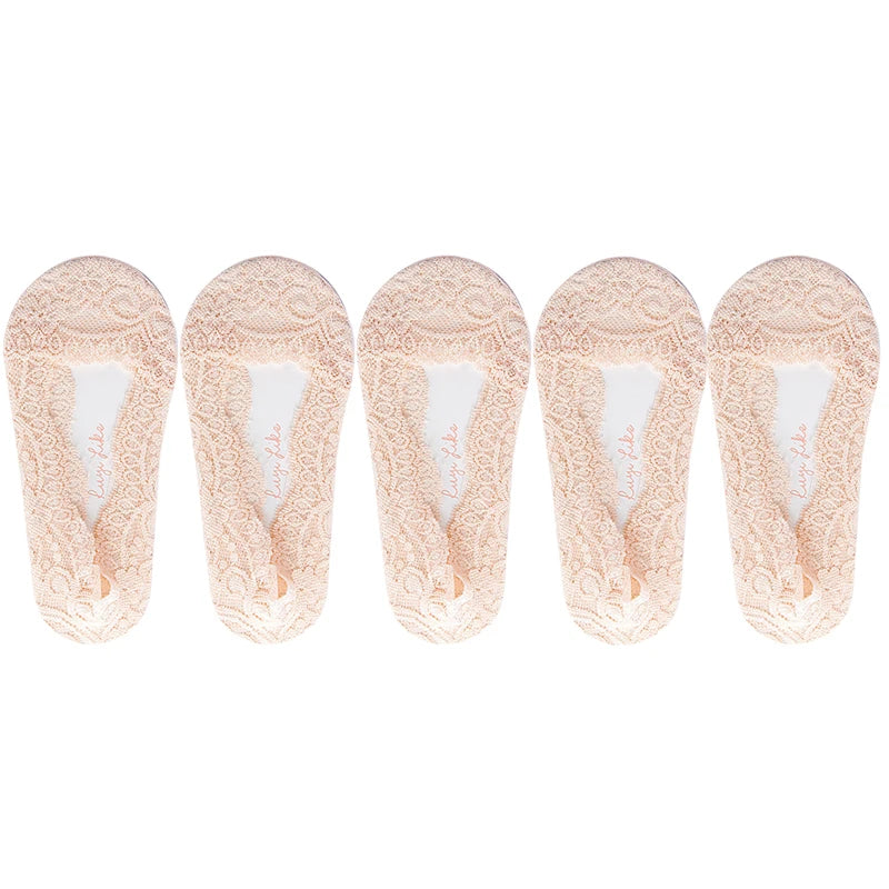 5 Pairs/Lot Socks Women's Ankle Short  No-Show Invisible Foot Summer Thin Cotton Set White Low Cut Boat Lace Silicone Non-Slip
