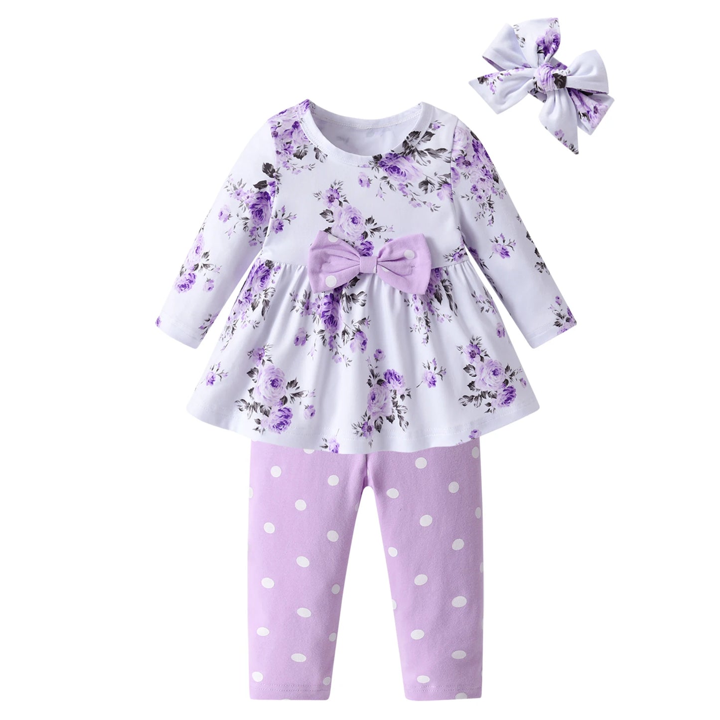 Toddler Baby Girl Clothes Set for 0-2Years Old Floral Long Sleeve Top with Bow and Polka Dots Pants with Headband Newborn Outfit