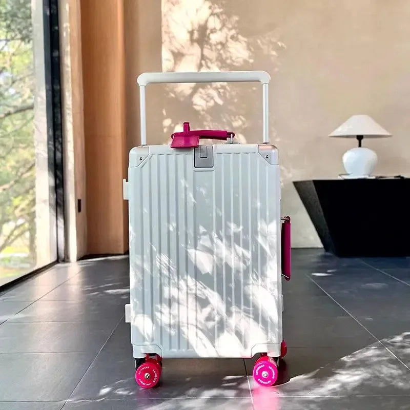 New Aluminum Frame Wide Handlebar Rolling Luggage Large Capacity Trolley Suitcase with Colorful Silent Spinner Wheels TSA Lock