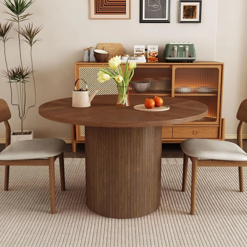 Round Dining Table for 4, Modern Farmhouse Kitchen Table, 47 Inch Small Circle Dining Tables with Wood Strip Base for Kitchen Li