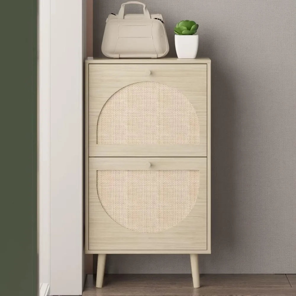 Shoe Cabinet with 2 Flip Drawers, 2 Tier Freestanding Organizer, Rattan Storage Cupboard for Entryway, Hallway, Living Room