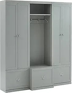 Harper 3-Piece Hall Tree and Storage Cabinet Set with Entryway Bench and Hooks for Hanging, Gray