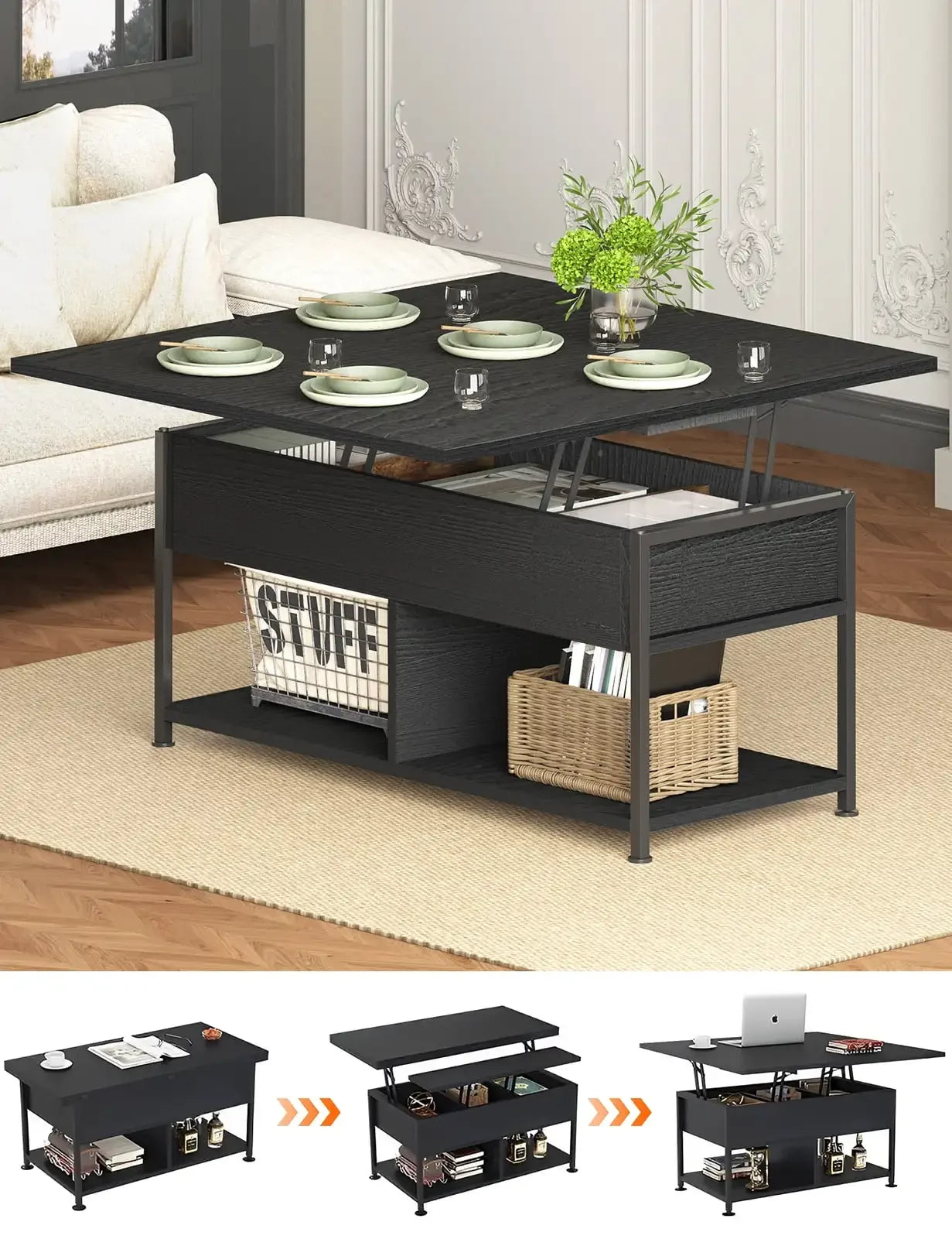40" Lift Top Coffee Table with Storage for Living Room, Rustic Brown