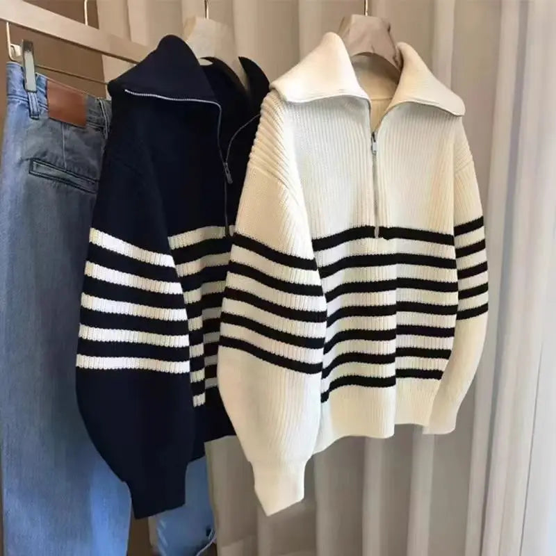 Women's Turtleneck Loose Lapel Striped Knitwear sweater Women Pulovers New Simplicity Half Zipper Casual Women's sweatshirt 2025