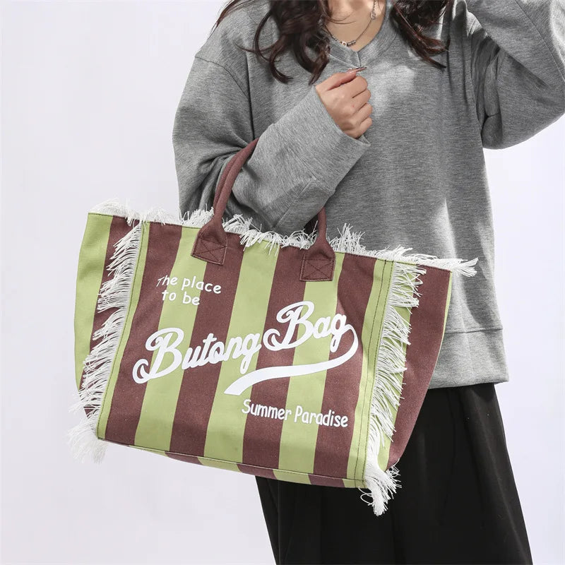 Tassel Tote Bag Handbags Womens Bags for Women Canvas Bag Large Capacity Leisure Travel Striped Grid Handmade Tassel Handbag