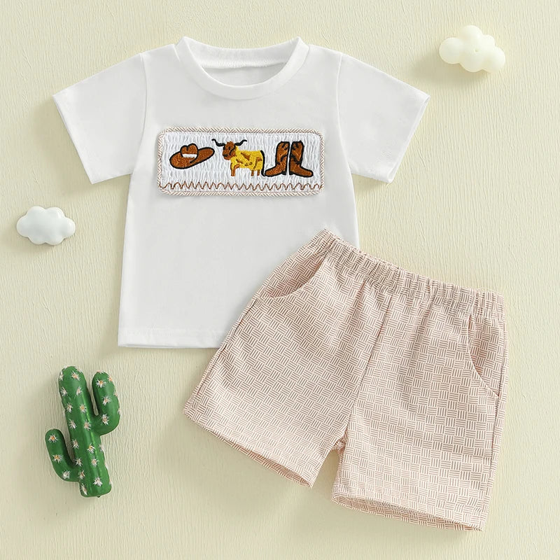 2025-02-19 Lioraitiin Toddler Baby Boy Western Outfit Cattle Short Sleeve Tops Printed Elastic Waist Shorts Summer Set