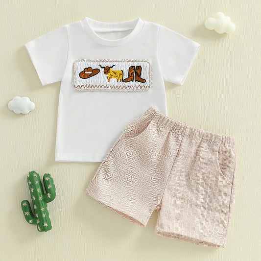 2025-02-19 Lioraitiin Toddler Baby Boy Western Outfit Cattle Short Sleeve Tops Printed Elastic Waist Shorts Summer Set