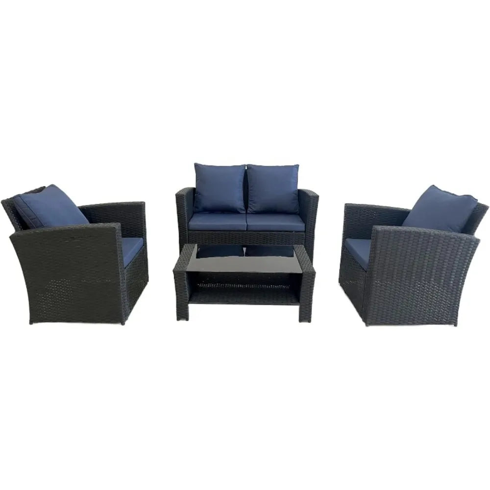 Patio Furniture Set, All-Weather Wicker Sectional Conversation Set with Tempered Glass Table & Cushioned Sofa,Outdoor Sofa