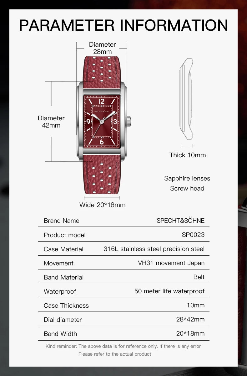 2025 New Fashion Specht & Söhne Square Watch Women's Watches Ultrathin VH31 Movt Casual Men Watch Grey Color Reloj Hombre 28MM