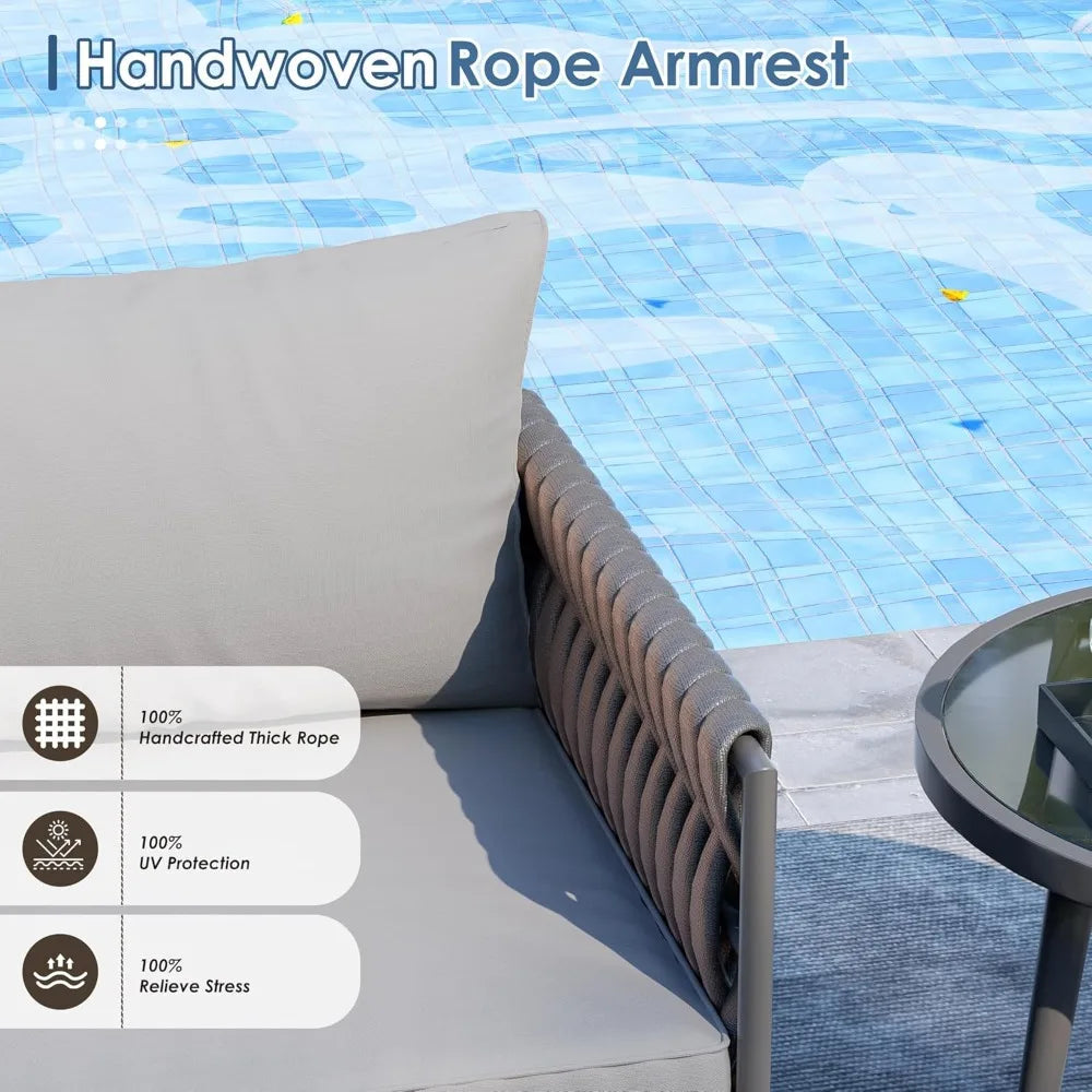 Patio Furniture Set, Patio Conversation Set with Handwoven Rope and Deep Seating, Outdoor Furniture 5-Seat Sofa with Two Round