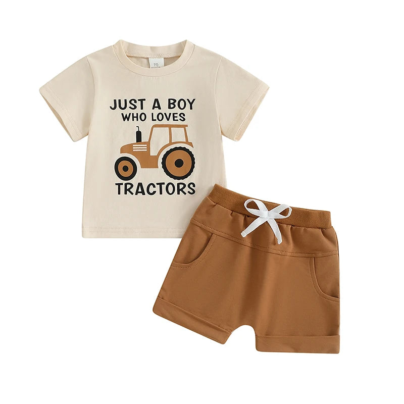2024-12-31 Lioraitiin Toddler Boy Summer Outfits Tractor Letter Print Round Neck Short Sleeve Tops with Solid Shorts Outfit