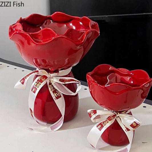 Rose Flower Shaped Ceramic Vase Desk Decoration Flowers Arrangement Girding Decorative Floral Vases Room Aesthetic Decor