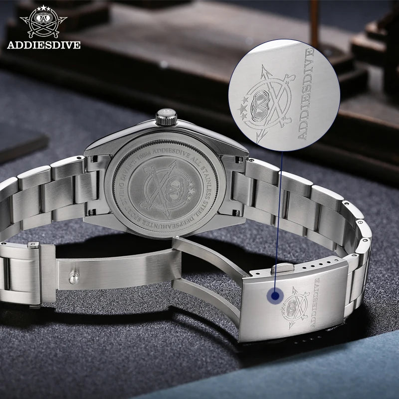 ADDIESDIVE Men's Watch 36mm Quartz Watch Diving 100m Sand Dial 316L Stainless Steel AR Bubber Glass Fashion WristWatch for Men