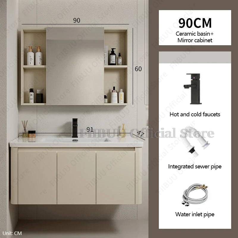 Bathroom Cabinet with Rounded Corners Ceramic Washbasin Wall-mounted Bathroom Dressing Storage Cabinet with Mirror and Faucet
