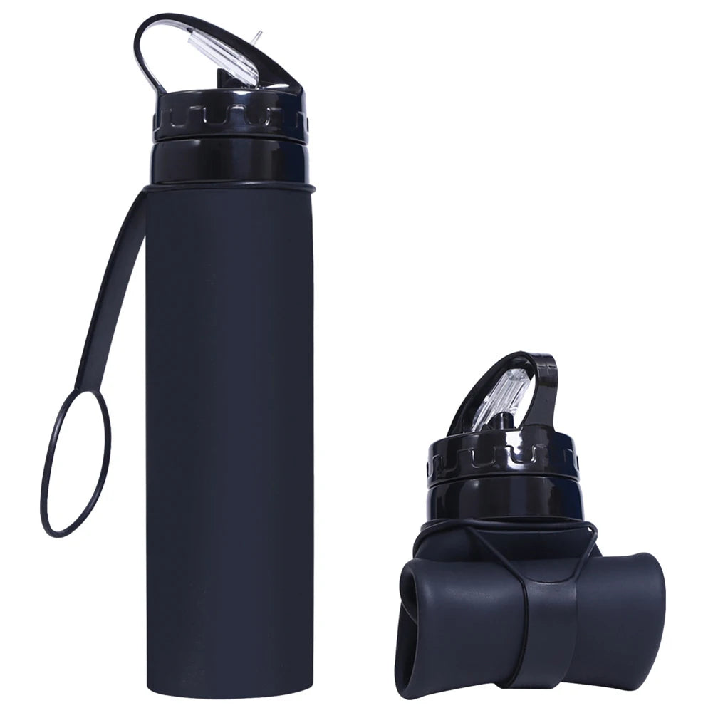 600ml Portable Water Cup Lightweight Silicone Sports Bottle Reusable Foldable Detachable with Suction Tubes for Running Fitness