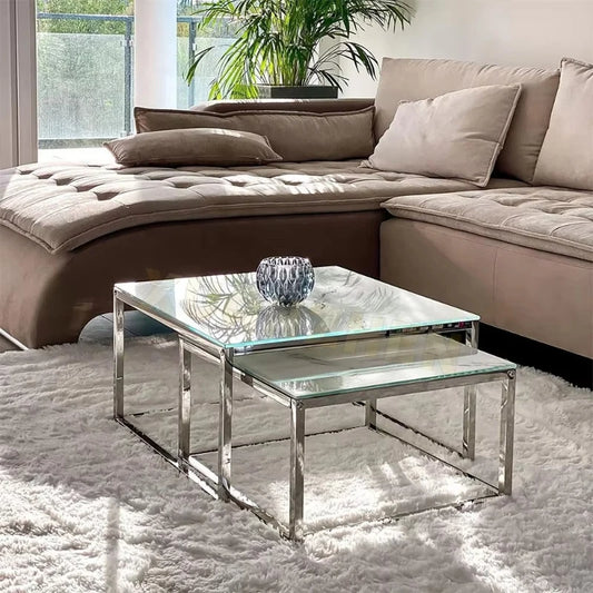 Living room furniture space saving center table 2 pieces silver coffee table set mirror smart square glass coffee table