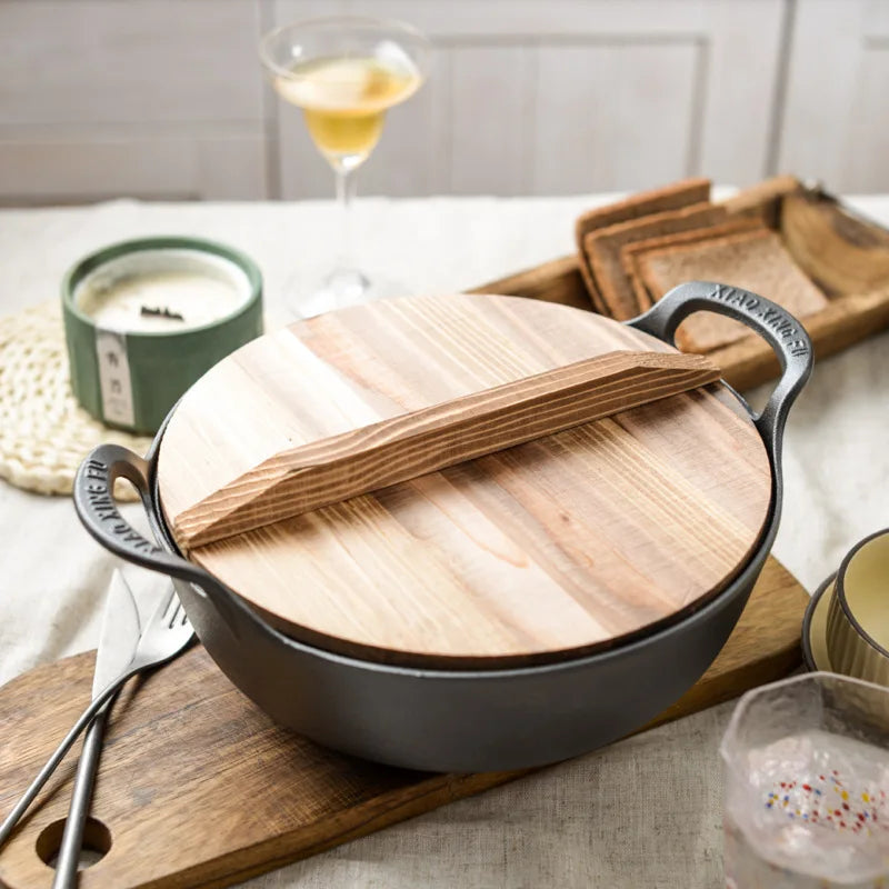Cast iron pot, thickened double ear stew pot, soup pot, household small stir fry pot, uncoated non stick flat bottomed pan