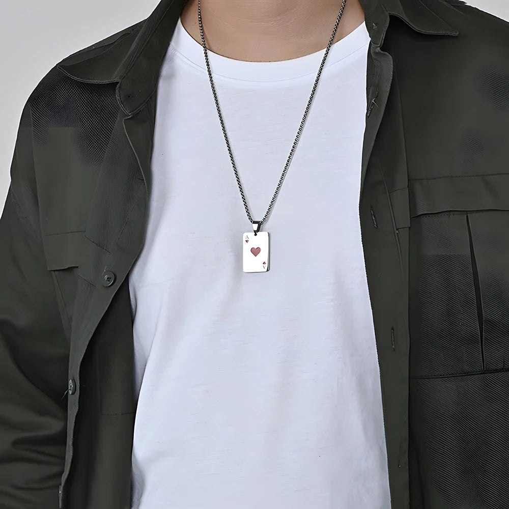 Hip Hop Stainless Steel Poker Card Ace of Spades Necklace For Men Pendant Chain Playing Cards Jewelry Ace of Hearts Necklaces
