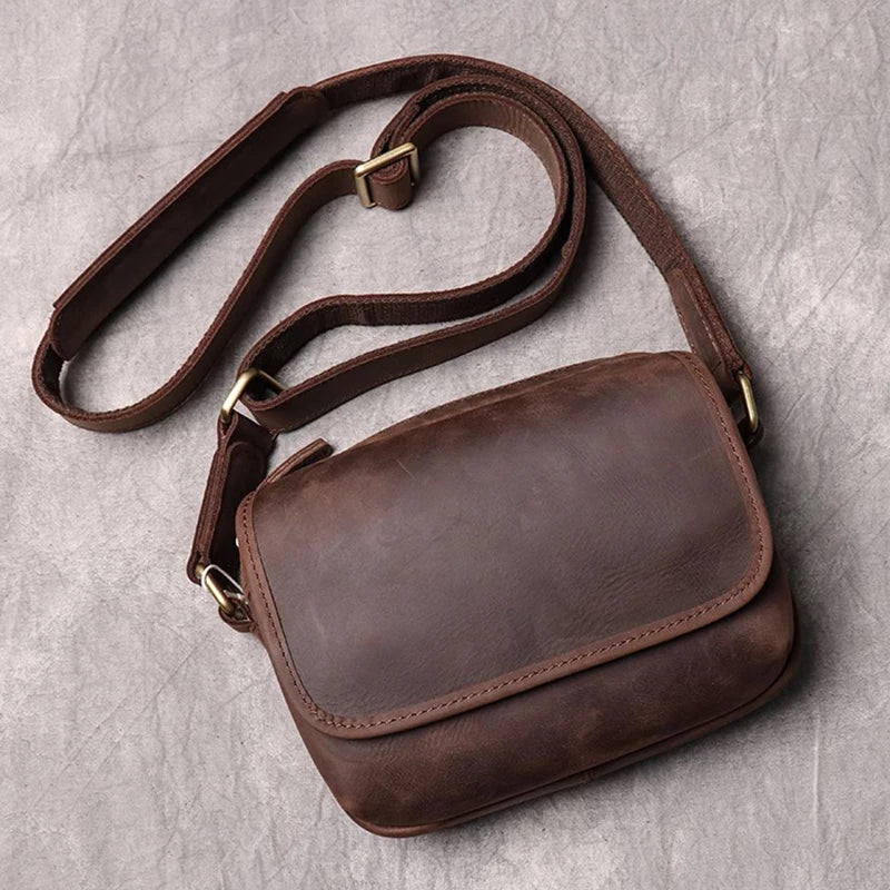 Real Leather Men's Shoulder Bag Vintage Daily Zipper Flap Phone Bag Man Simple Bag Crazy Horse Leather Retro Sling Ba