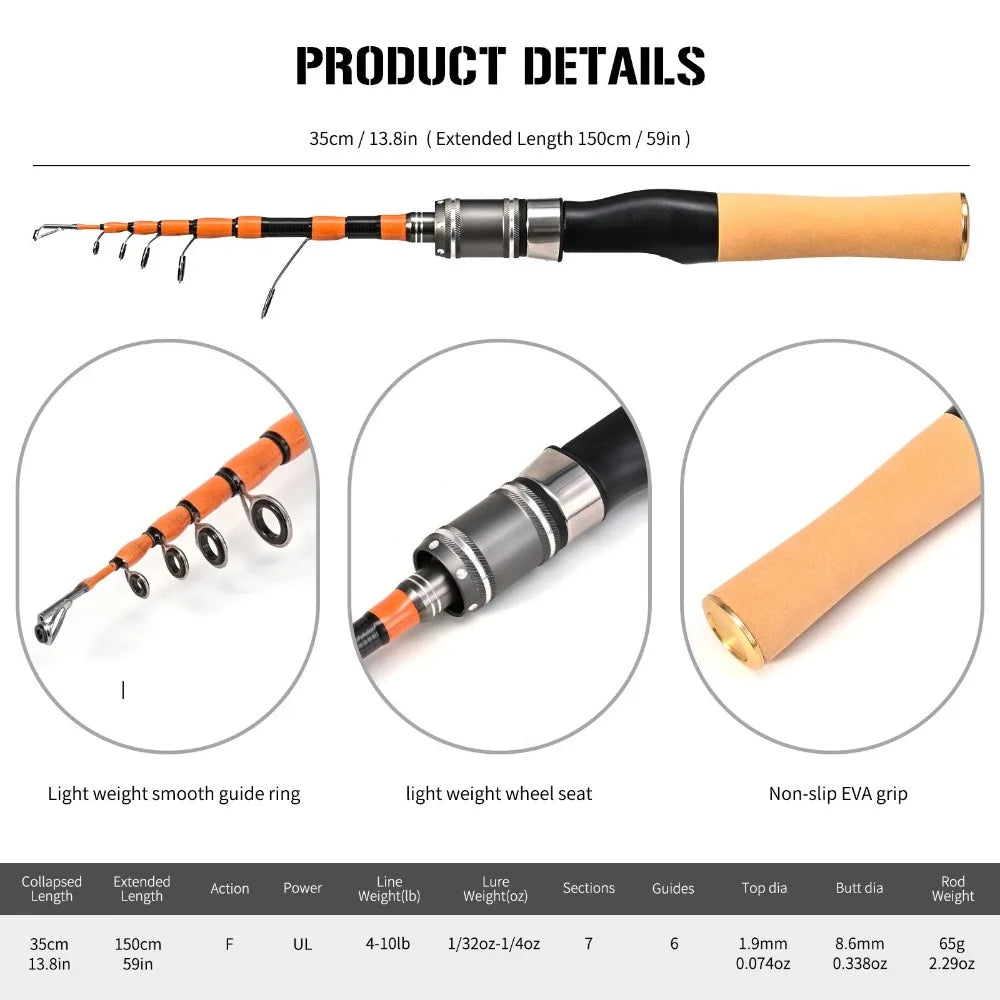 Casting Telescopic fishing rod Spinning fiberglass Portable Fishing Rod Mini 150cm Fiberglass Lure Rod Travel Fishing Equipment