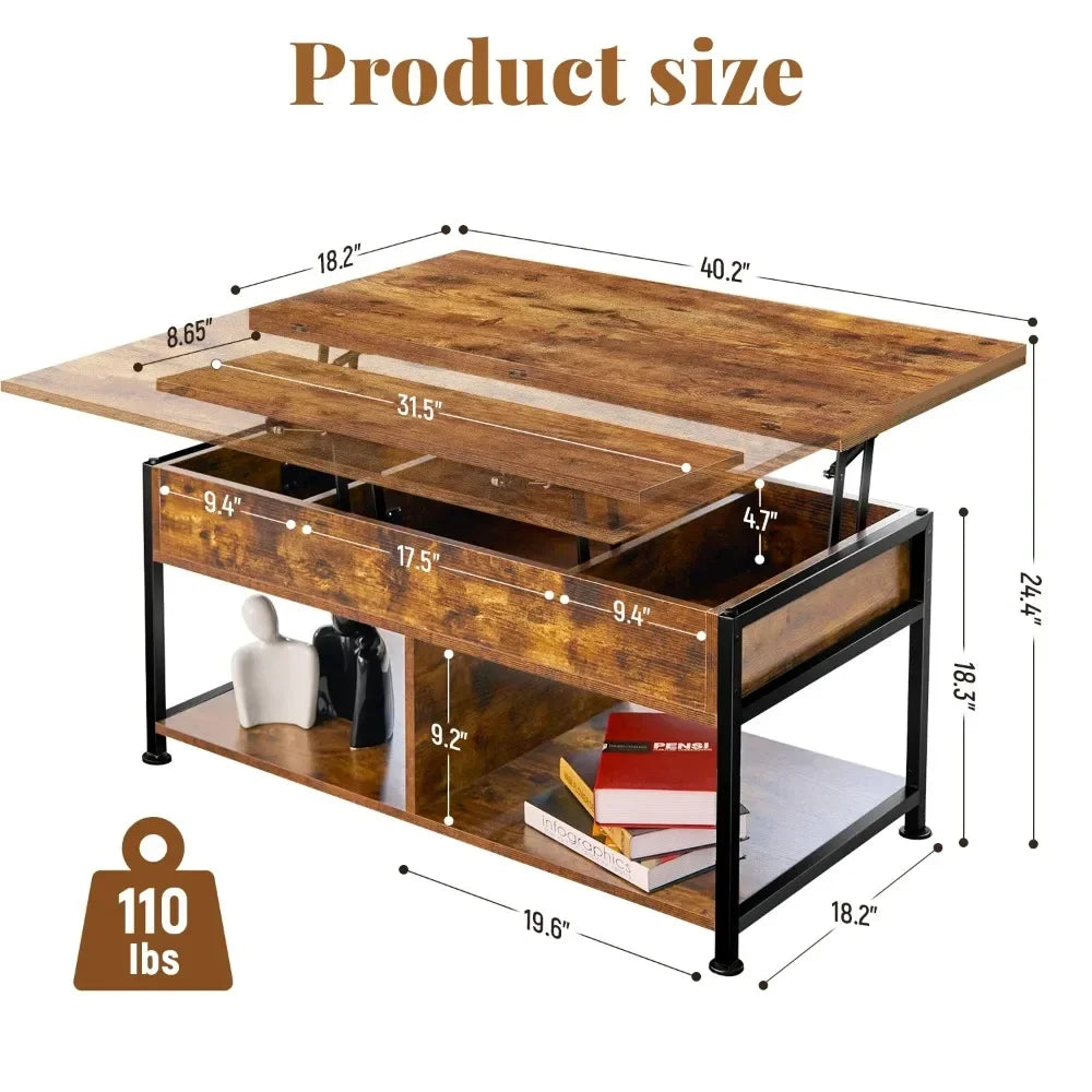 40" Lift Top Coffee Table with Storage for Living Room, Rustic Brown